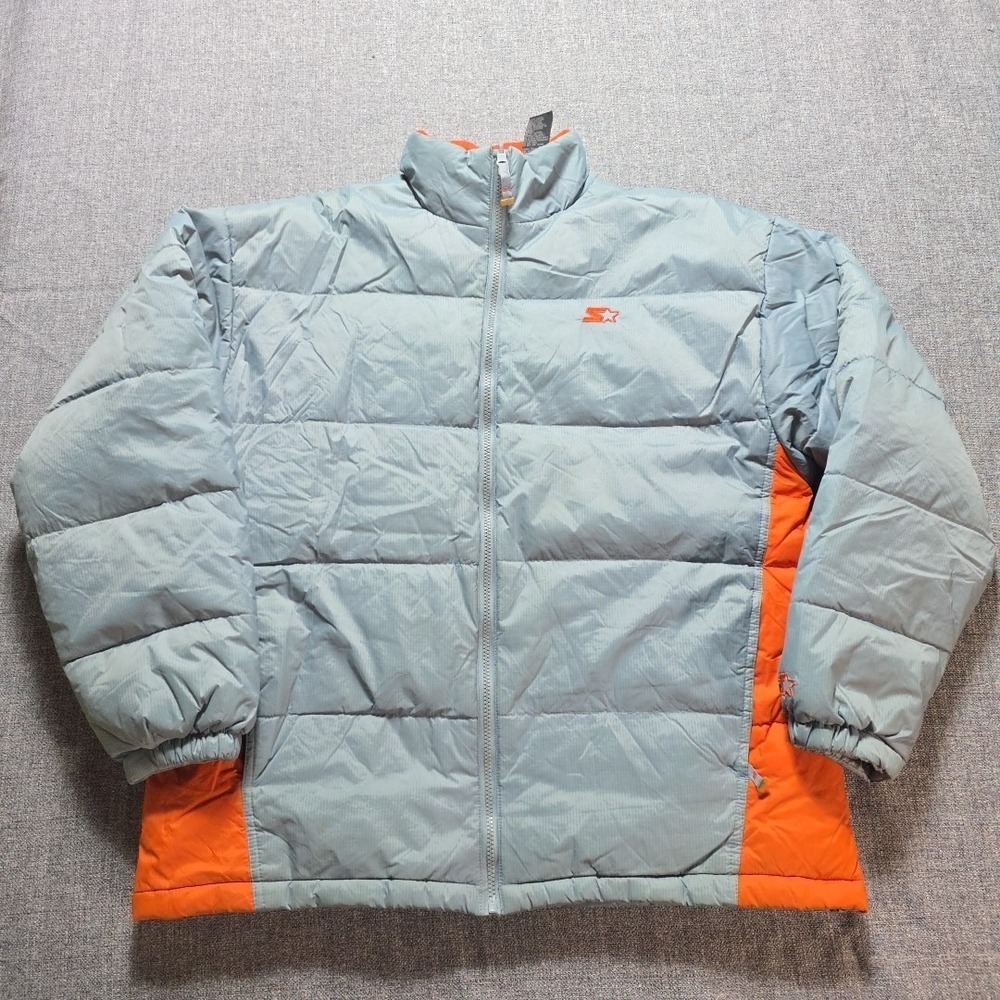 Starter Mens Large 42 44‎ Gray Orange Pockets Zip Up Down Feather Puffer Jacket